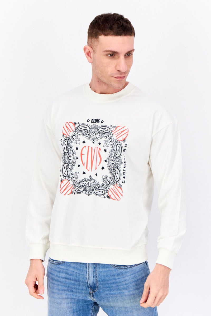 ELVIS سويت شيرت رجالي بأكمام طويلة وطباعة جرافيك، أبيض فاتح - Image 1